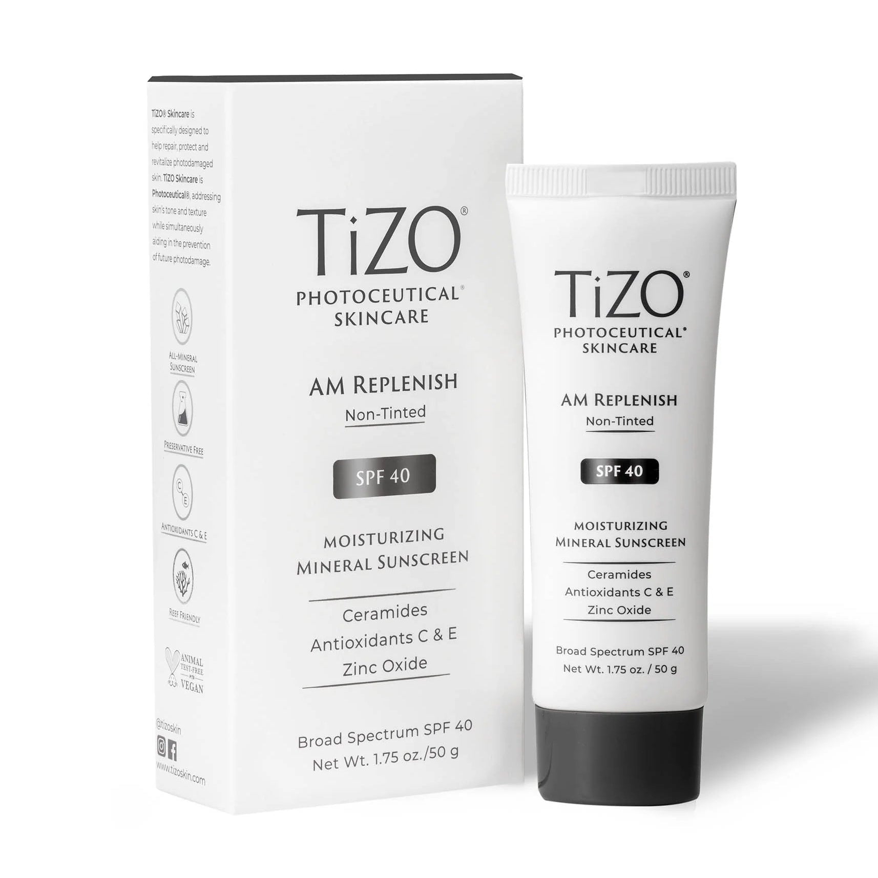 Tizo Photocutical Skincare AM Replenish tube and packaging on a white background