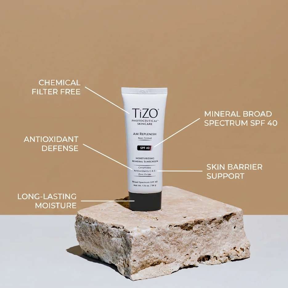 Tizo skincare product on a stone block with feature text against a brown background