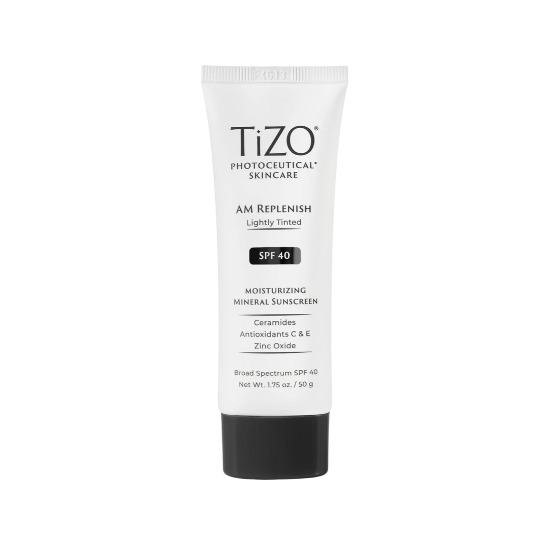 TiZO AM Replenish SPF 40 Lightly Tinted Moisturizing Mineral Sunscreen with Ceramides and Antioxidants C & E for daily skin protection and hydration.