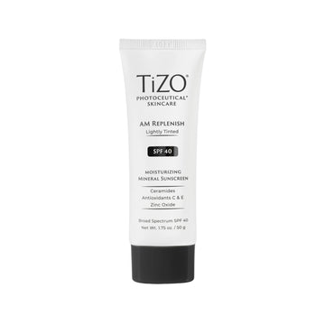TiZO AM Replenish SPF 40 Lightly Tinted Moisturizing Mineral Sunscreen with Ceramides and Antioxidants C & E for daily skin protection and hydration.