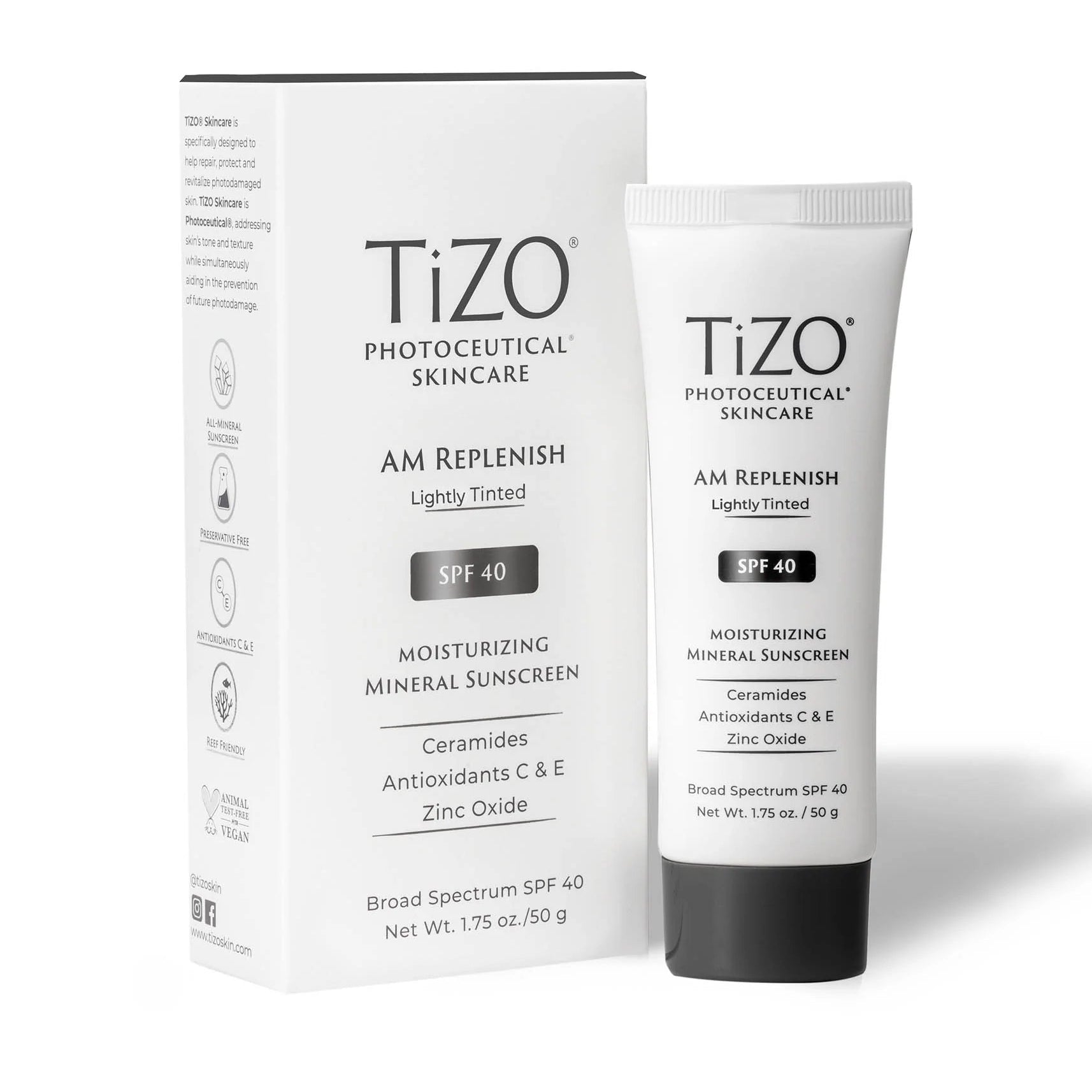 Tizo AM Replenish sunscreen tube and packaging on a white background