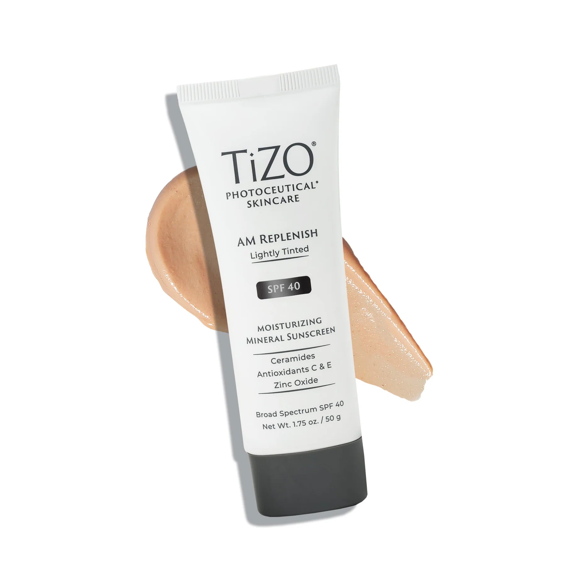 Tizo AM Replenish Lightly Tinted sunscreen tube with a swatch on a white background