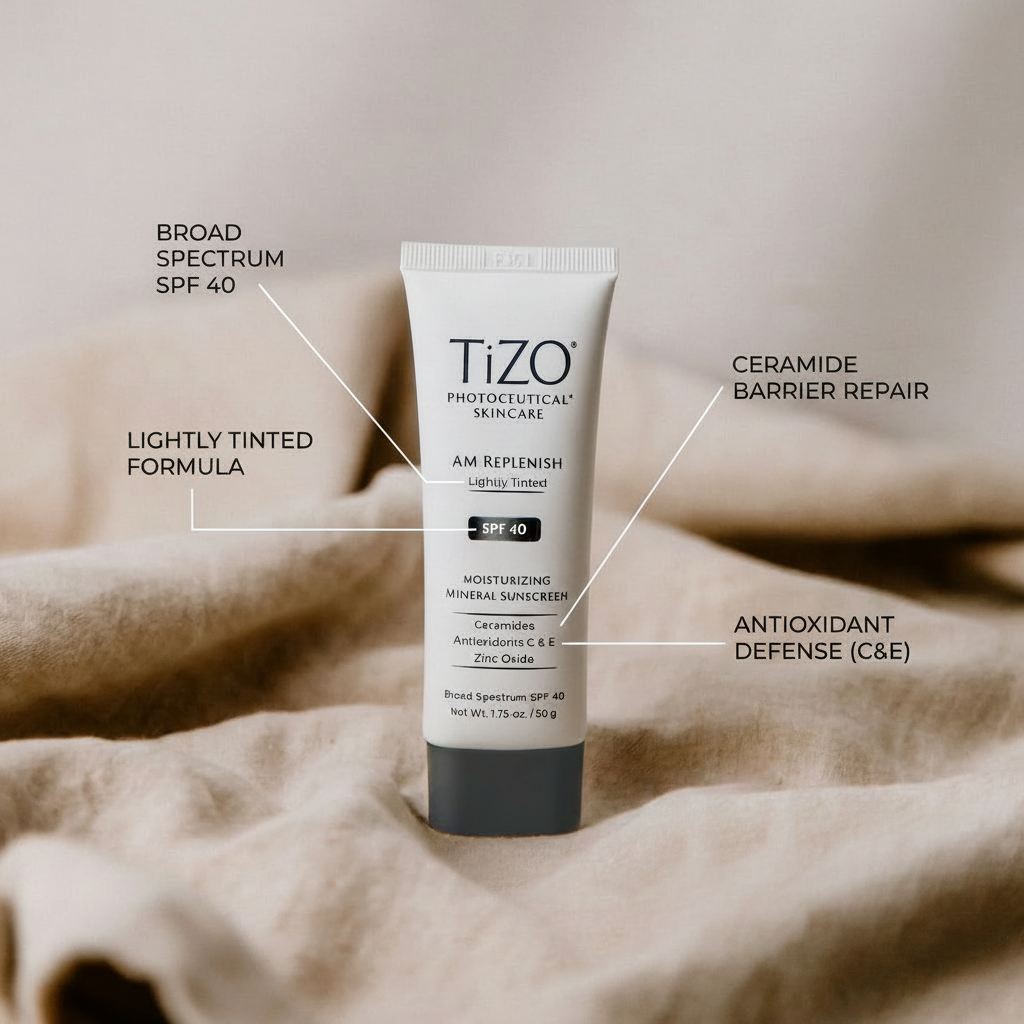 Tizo skincare tube on a textured beige background with feature text overlay