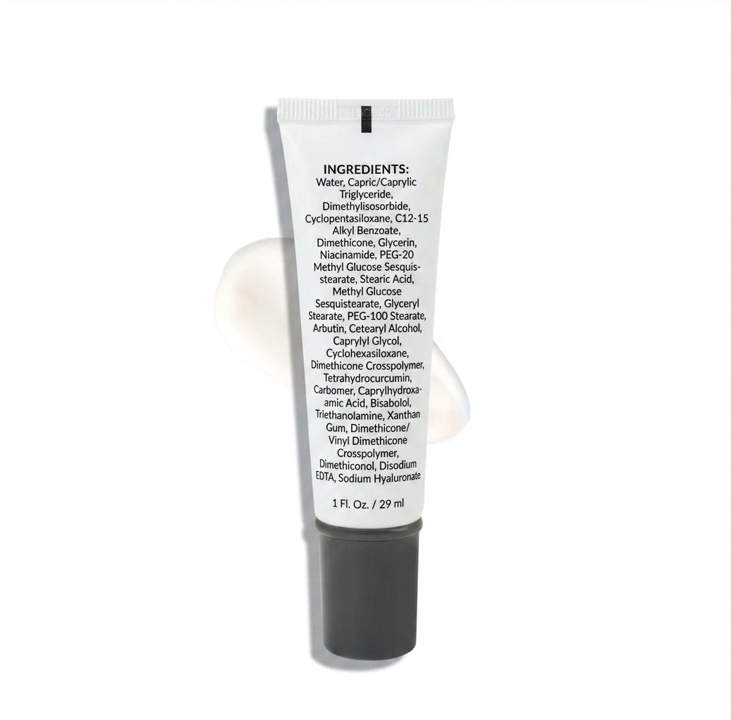 Skincare tube with ingredient list on a white background