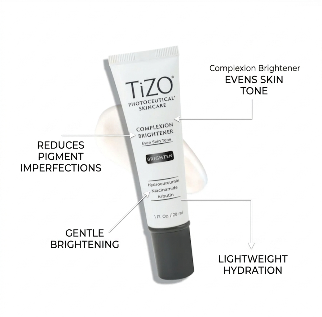 Tizo complexion brightener tube with text highlighting its benefits on a white background