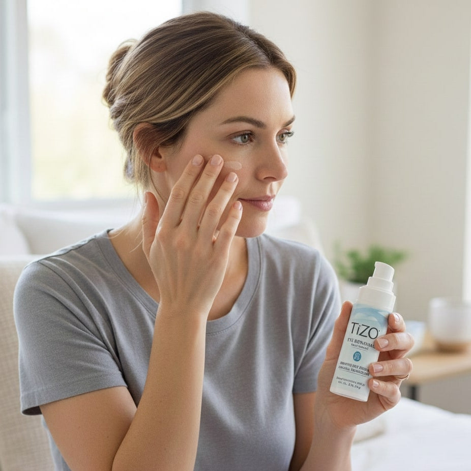 Woman applying skincare product to her face in a bright room