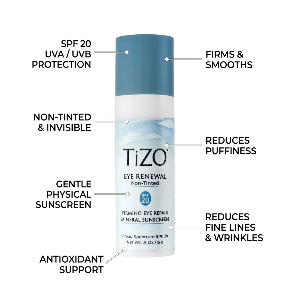 TiZO Eye Renewal sunscreen bottle with text highlighting features on a white background