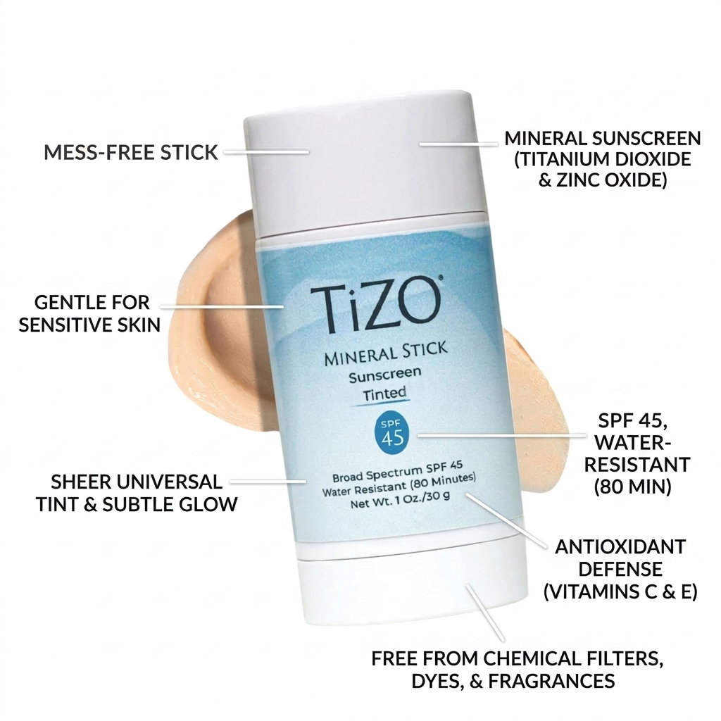 TiZO mineral stick sunscreen with features highlighted on a white background