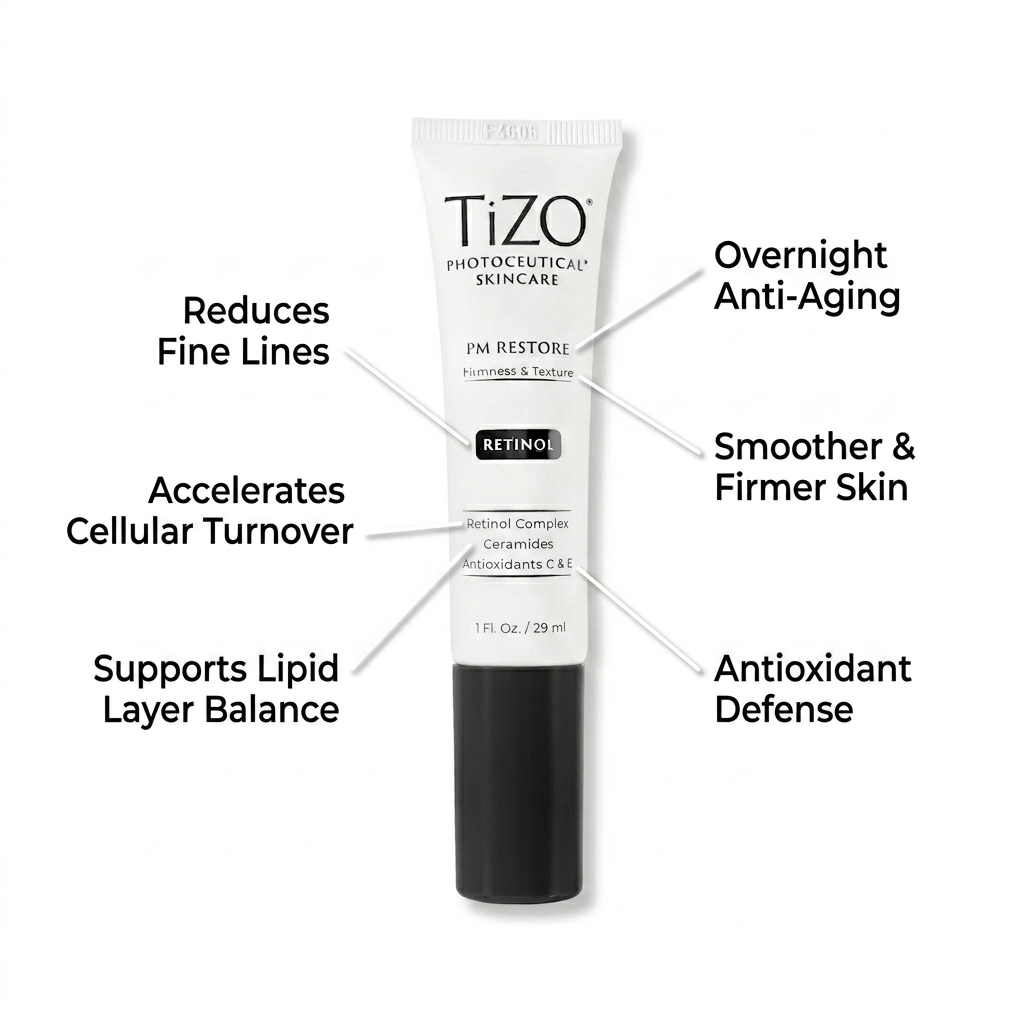TiZO skincare tube with text highlighting benefits on a white background