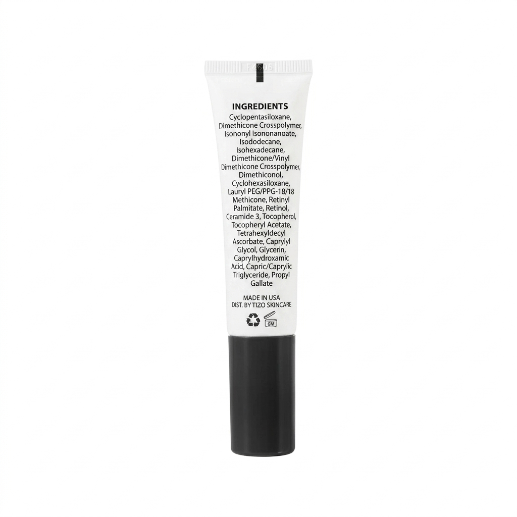 Skincare tube with ingredient list on a white background