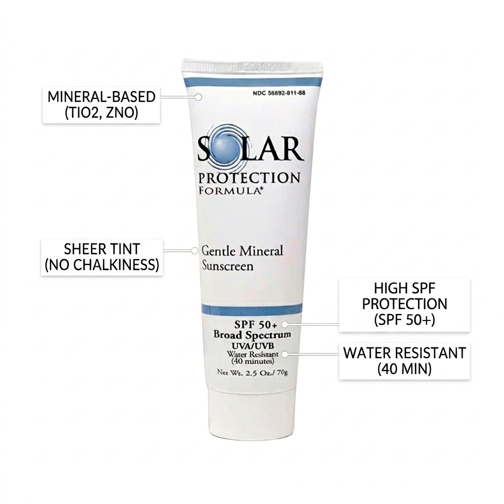 Sunscreen tube with labeled features on a white background