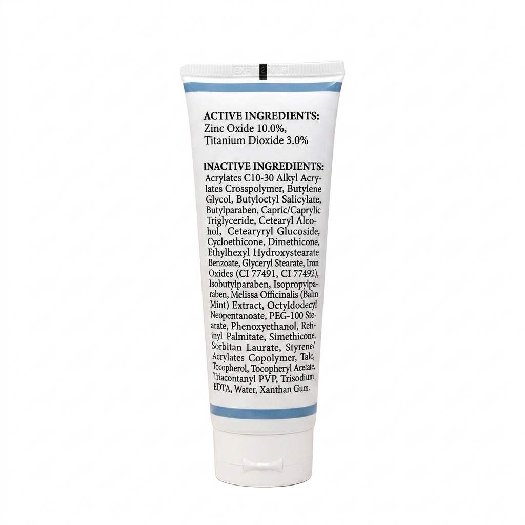 Skincare tube with detailed ingredient list on a white background