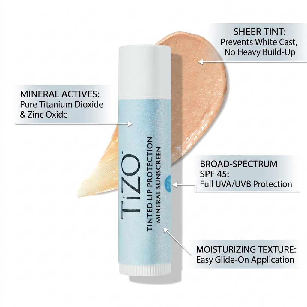 TiZO tinted lip protection mineral sunscreen with product details on a white background