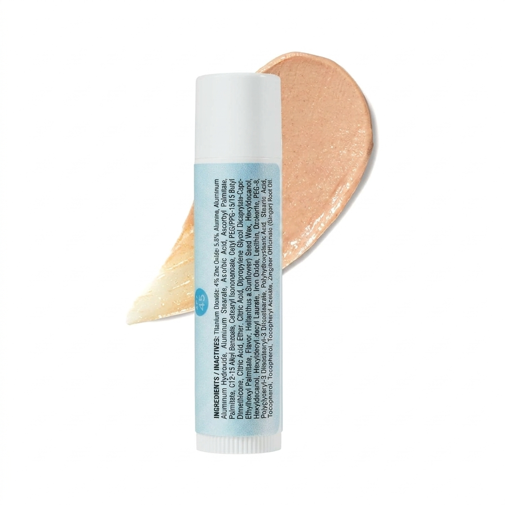Lip balm with a swatch of color on a white background
