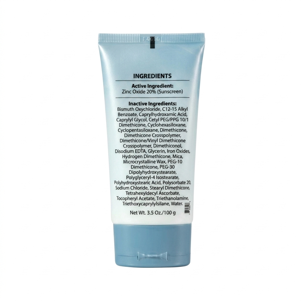 Skincare tube with ingredient list on a white background