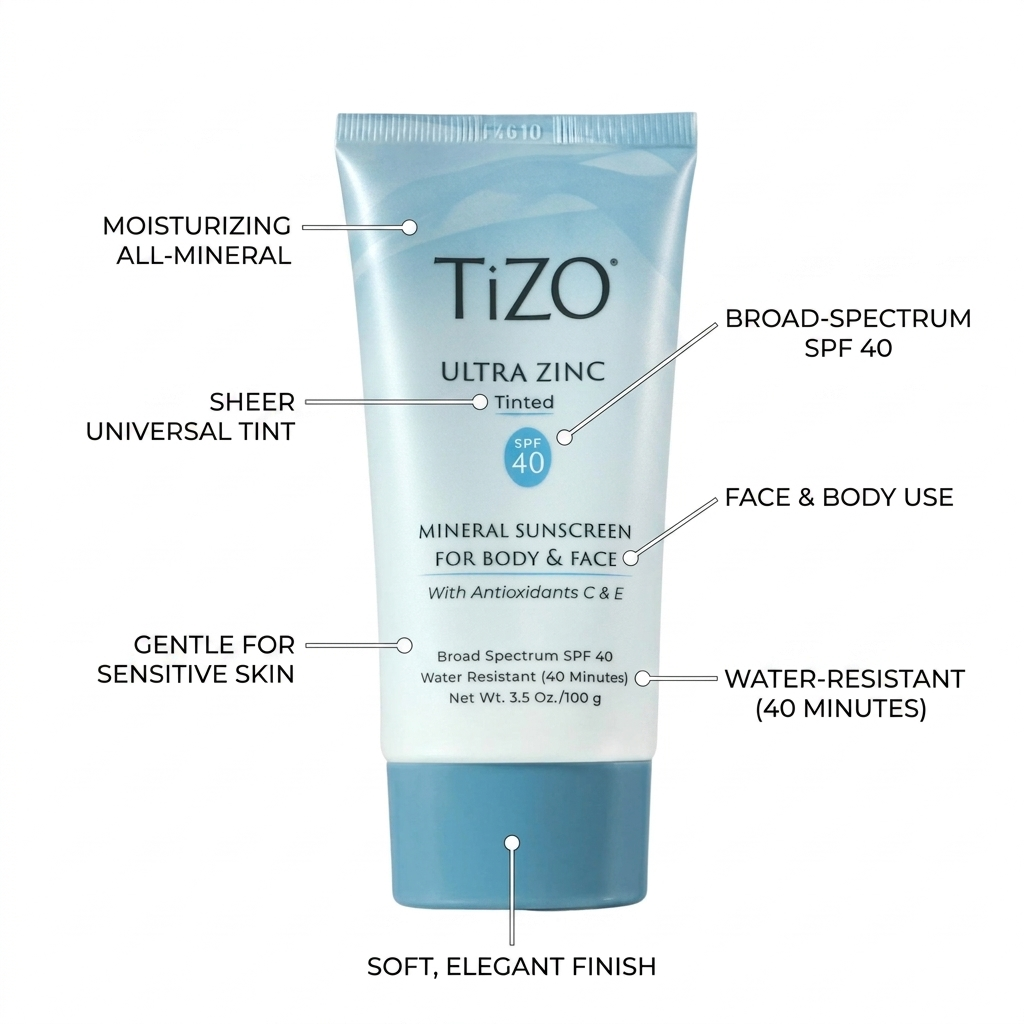 Tizo sunscreen tube with features labeled on a white background