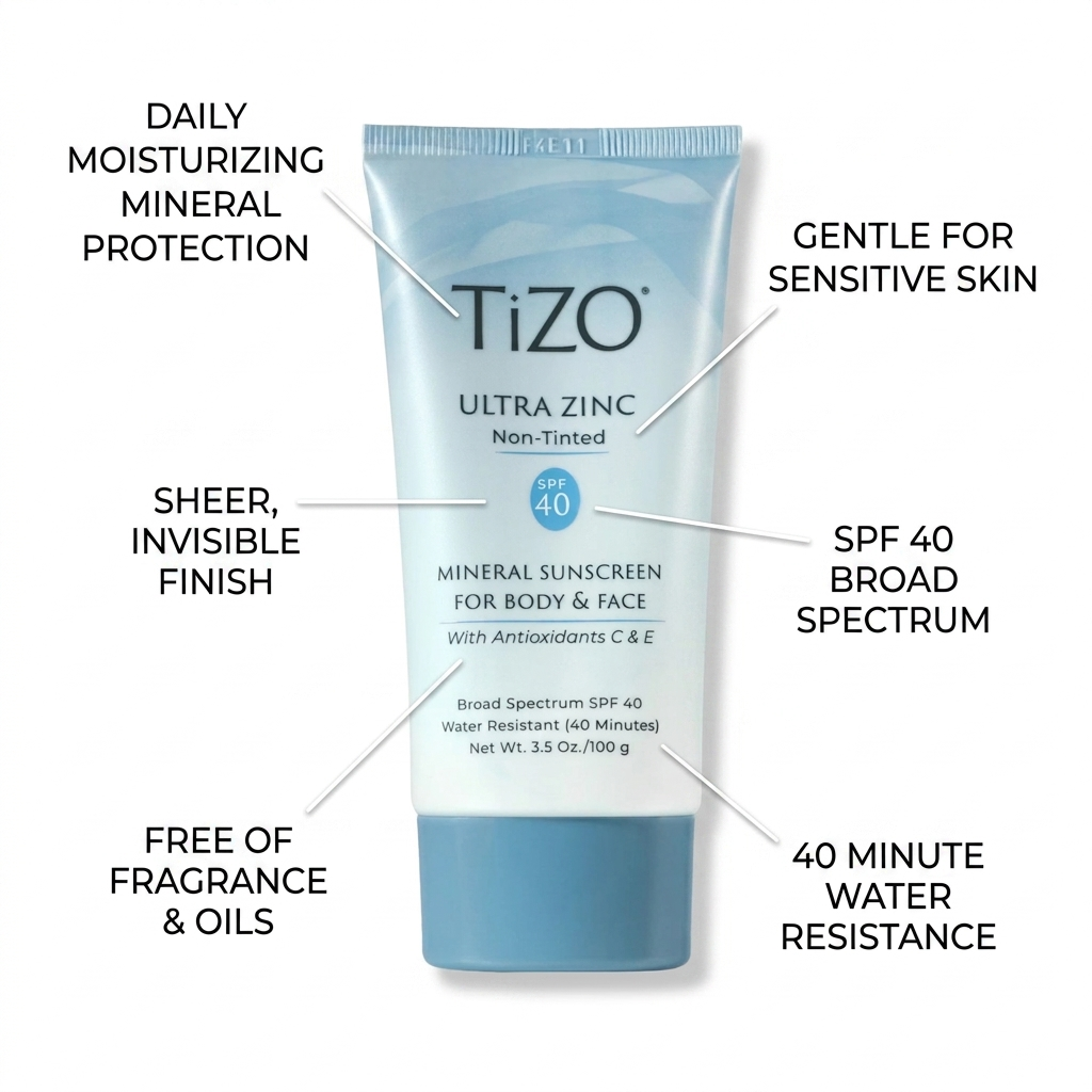 TiZO Ultra Zinc Body & Face Non-Tinted SPF40 mineral sunscreen from The Pharmacy Lab, featuring broad-spectrum SPF 40, sheer invisible finish, sensitive skin support, fragrance-free formula, and 40-minute water resistance.