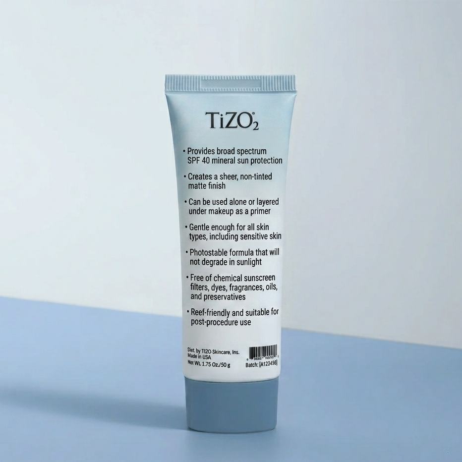 TiZO2 sunscreen tube with product details on a light blue background