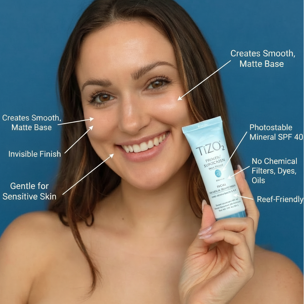 Woman holding Tizoo sunscreen with product features highlighted on a blue background