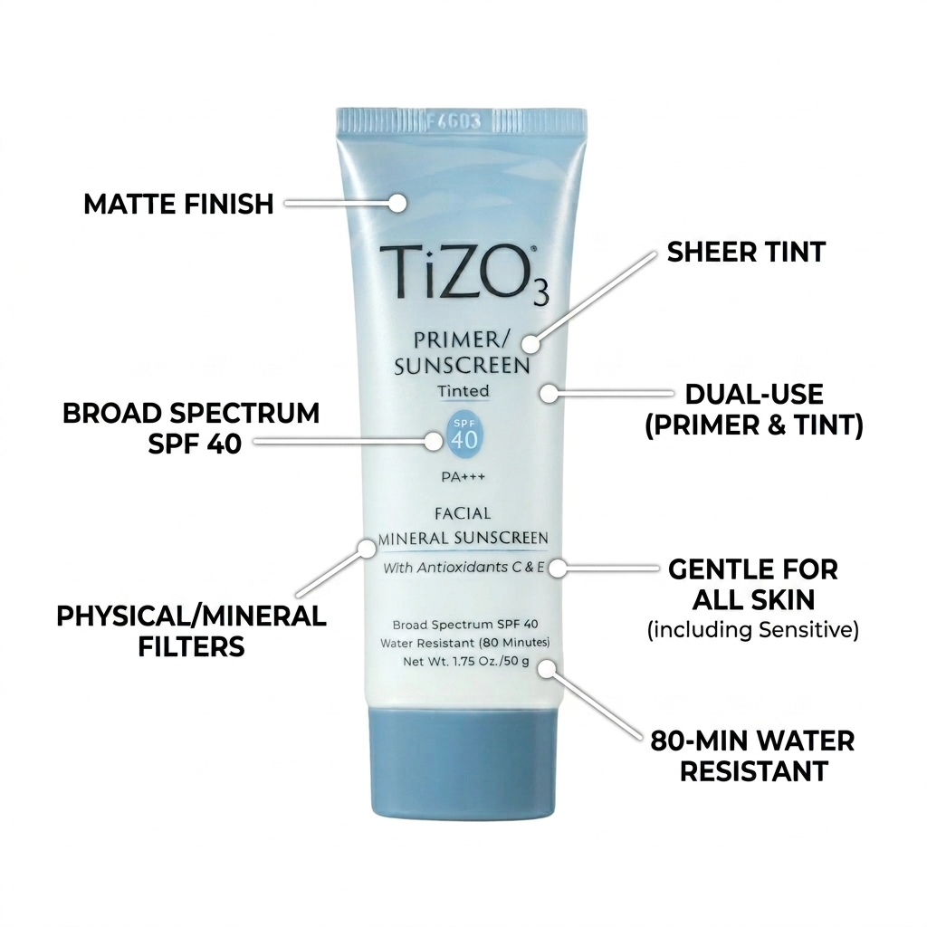 TiZO3 sunscreen tube with features labeled on a white background