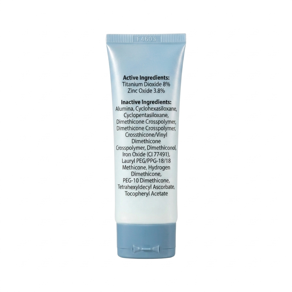 Skincare tube with detailed ingredient list on a white background