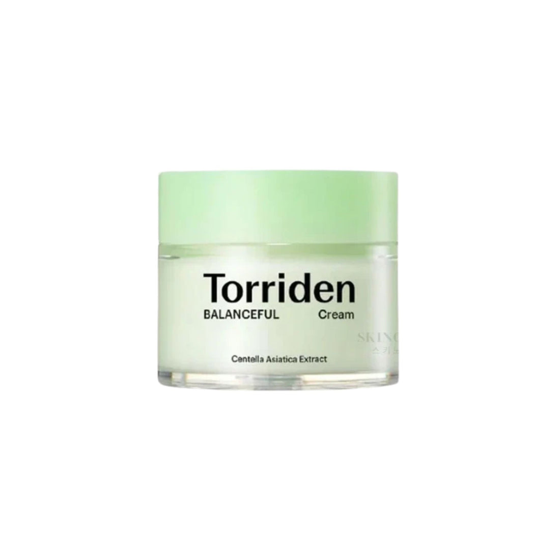 A jar of Torriden Balanceful Cream with a light green lid and pale green body, shown on a plain white background.