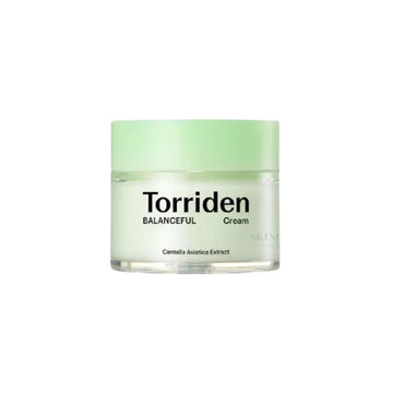 A jar of Torriden Balanceful Cream with a light green lid and pale green body, shown on a plain white background.