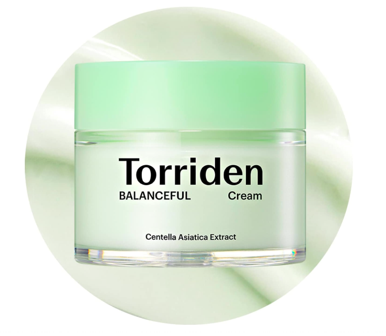 Torriden Balanceful Cream jar with green lid on a light green background