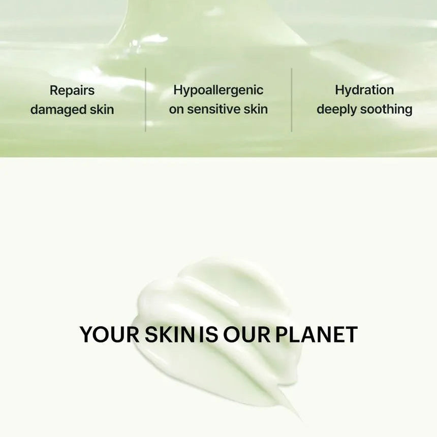 A skincare product promotional graphic showing a pale green cream-like texture at the top, three feature callouts reading 'Repairs damaged skin,' 'Hypoallergenic on sensitive skin,' and 'Hydration deeply soothing,' and a white cream smear with the text 'YOUR SKIN IS OUR PLANET' below.