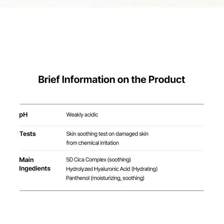 A text-based product information card with the headings 'SUSTAINABLE PACKAGE', 'CLEAN FORMULA', and 'LOVE ANIMAL' at the top, and a table below reading 'Brief Information on the Product' with pH, Tests, and Main Ingredients listed.