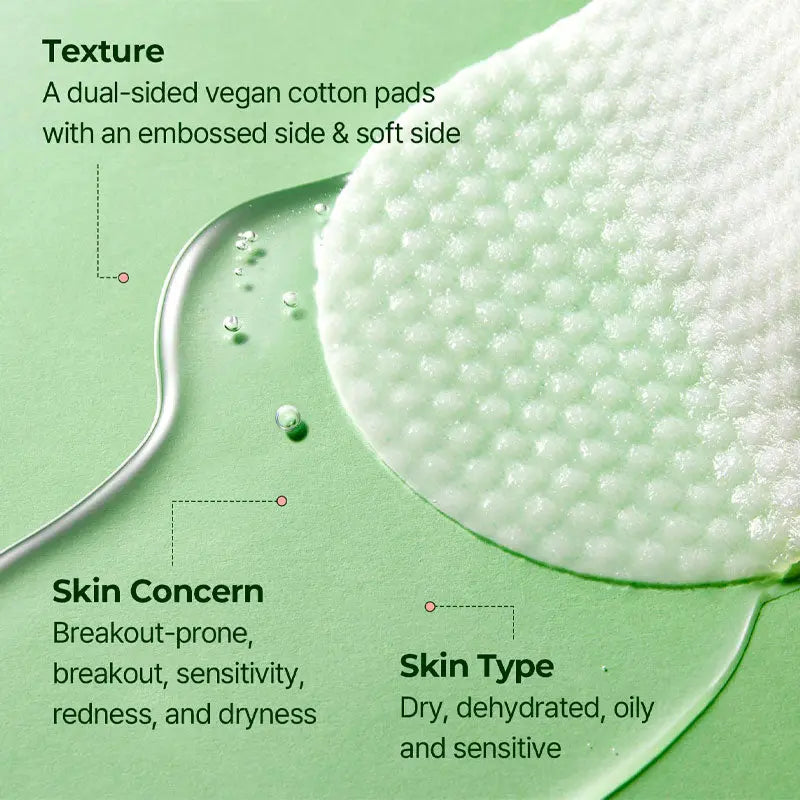 Dual-sided vegan cotton pad with embossed and soft sides on a green background