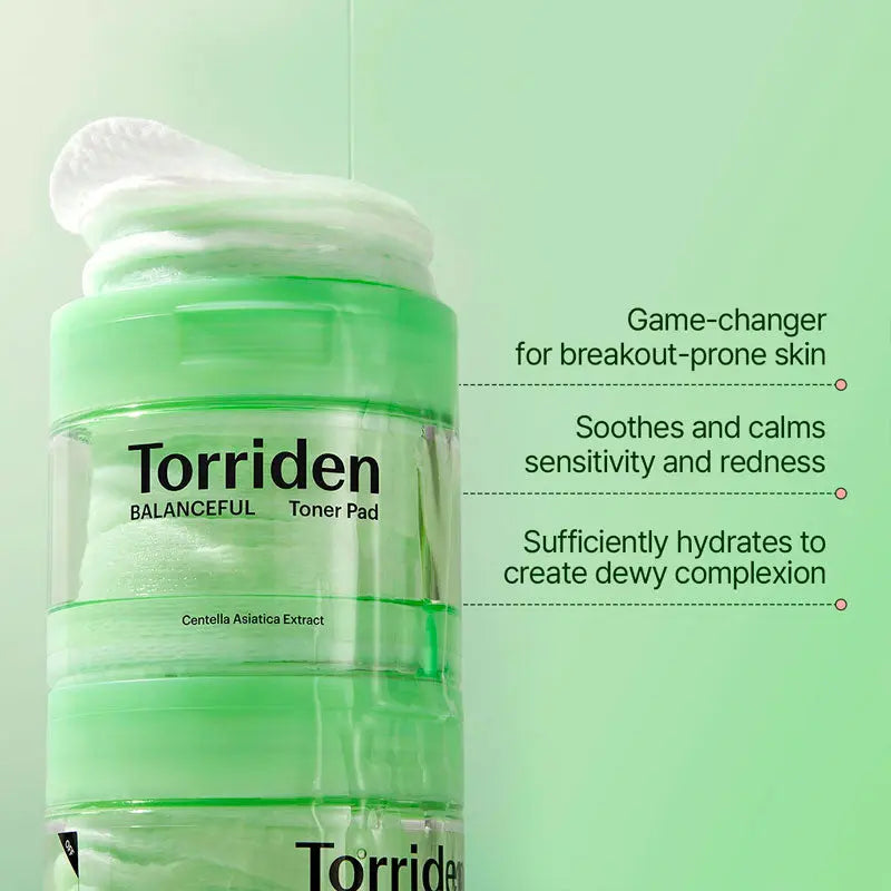Torriden toner pad packaging with green background and product details.
