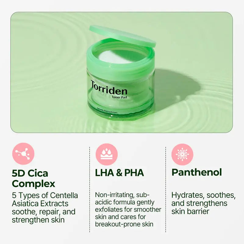 Torriden toner pad with green container on a light green background