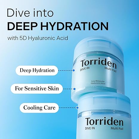 Torriden skincare product with text highlighting deep hydration, sensitive skin, and cooling care on a blue background.