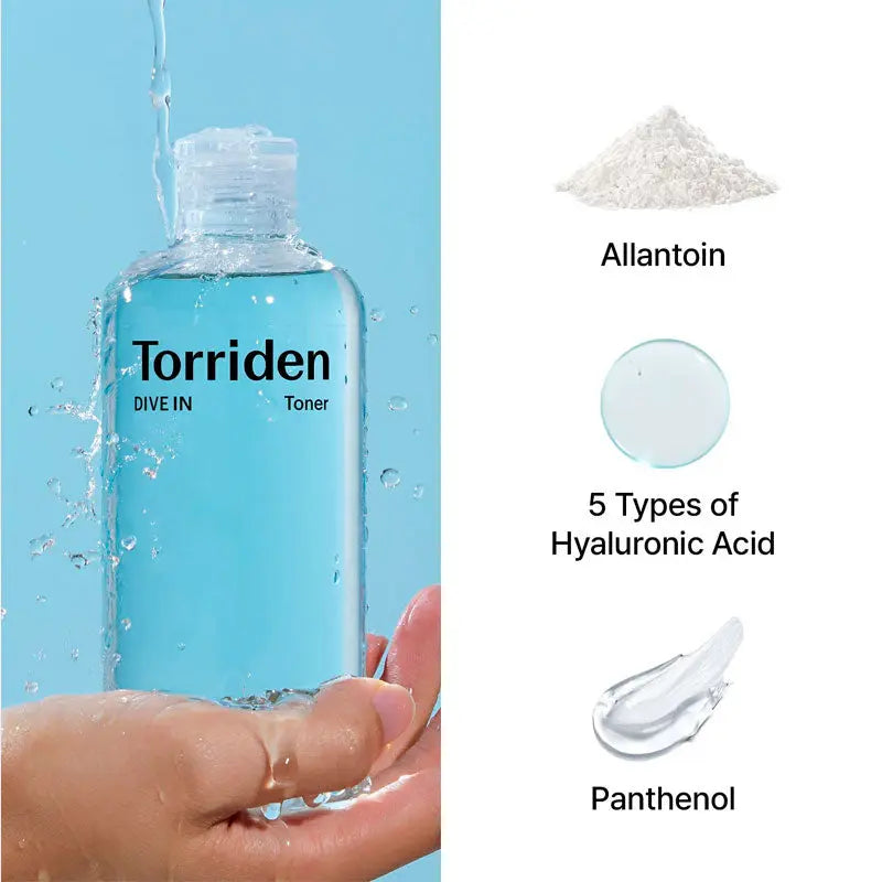 Torriden toner bottle with ingredients displayed on a blue background