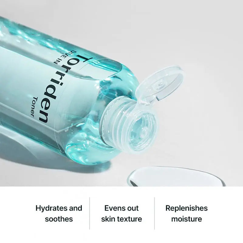 Torriden toner bottle with text highlighting its benefits on a light background