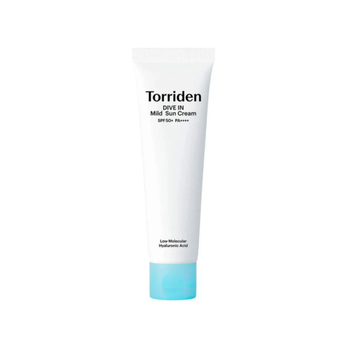 A white squeeze tube of Torriden Dive In Mild Sun Cream SPF50+ with a light blue cap, centered on a plain white background.