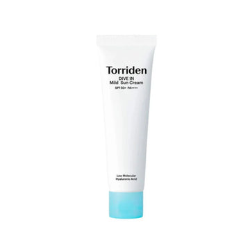 A white squeeze tube of Torriden Dive In Mild Sun Cream SPF50+ with a light blue cap, centered on a plain white background.
