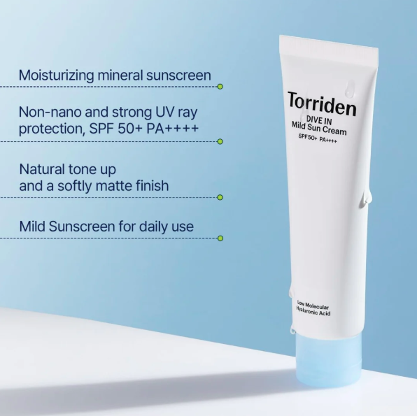 Torriden sunscreen tube with product features on a light blue background
