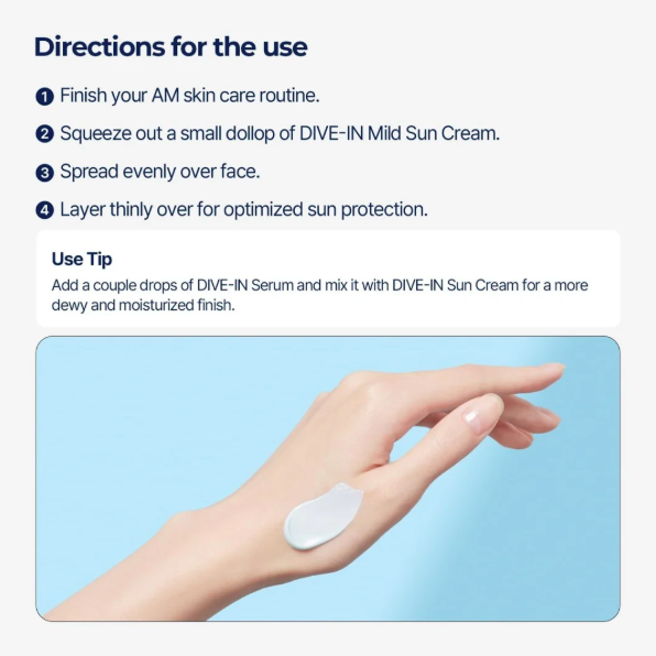 Sunscreen application instructions with a hand holding cream and a blue background