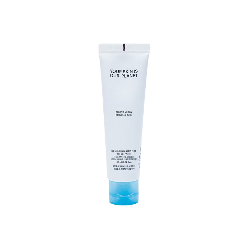 A white squeeze tube of Torriden Dive In Mild Sun Cream SPF50+ with a light blue cap, centered on a plain white background.