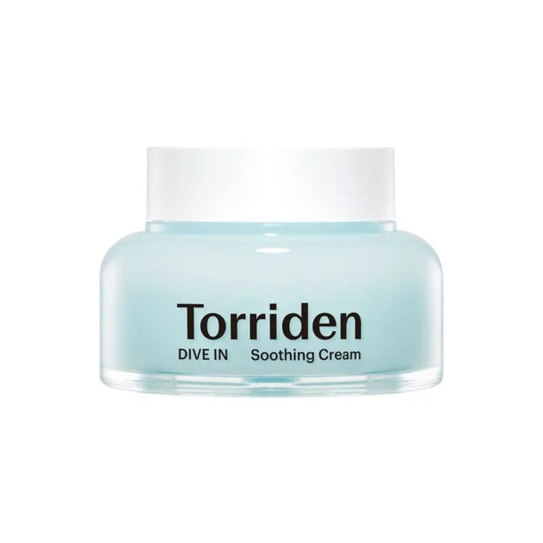 A jar of Torriden Dive In Soothing Cream with a light blue translucent body and a white lid, centered on a plain white background.