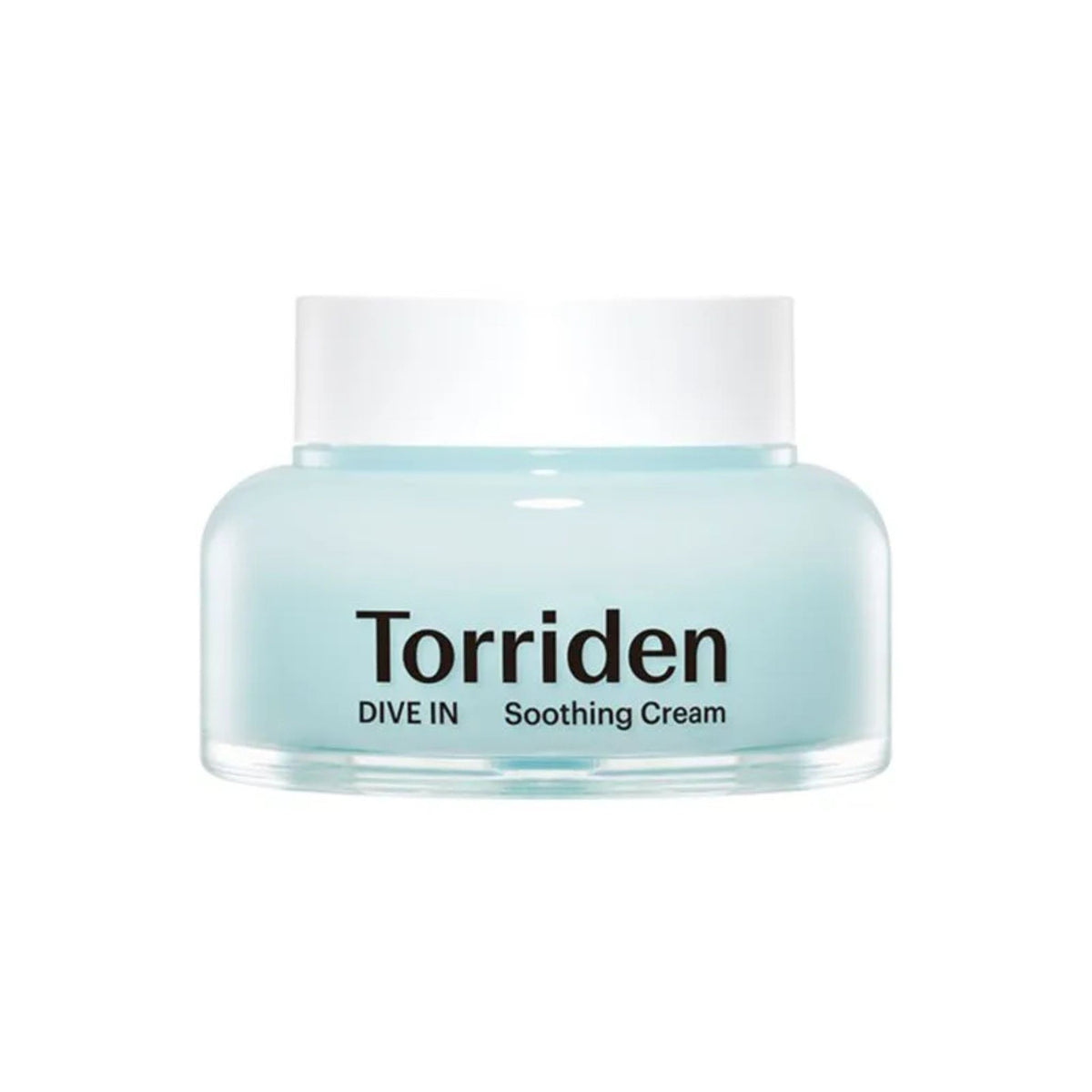 A jar of Torriden Dive In Soothing Cream with a light blue translucent body and a white lid, centered on a plain white background.