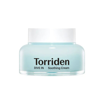 A jar of Torriden Dive In Soothing Cream with a light blue translucent body and a white lid, centered on a plain white background.