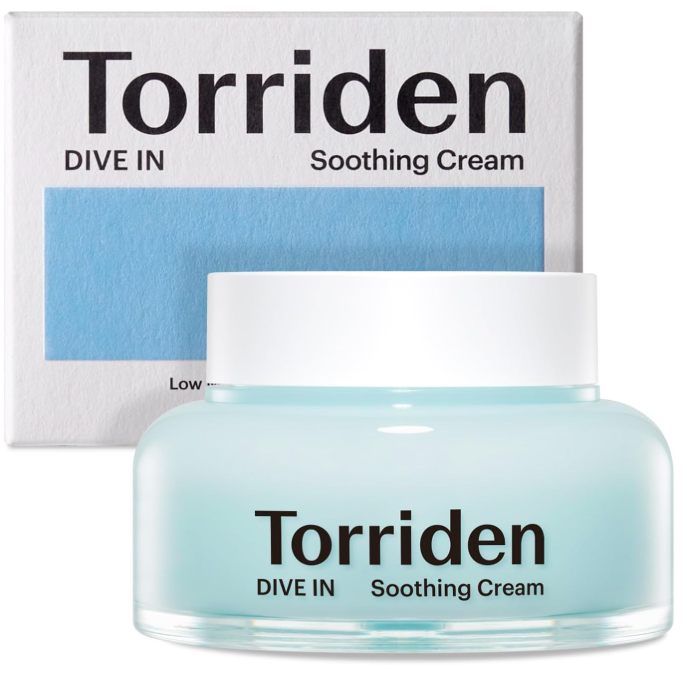 A jar of Torriden Dive In Soothing Cream with a light blue translucent body and a white lid, centered on a plain white background.