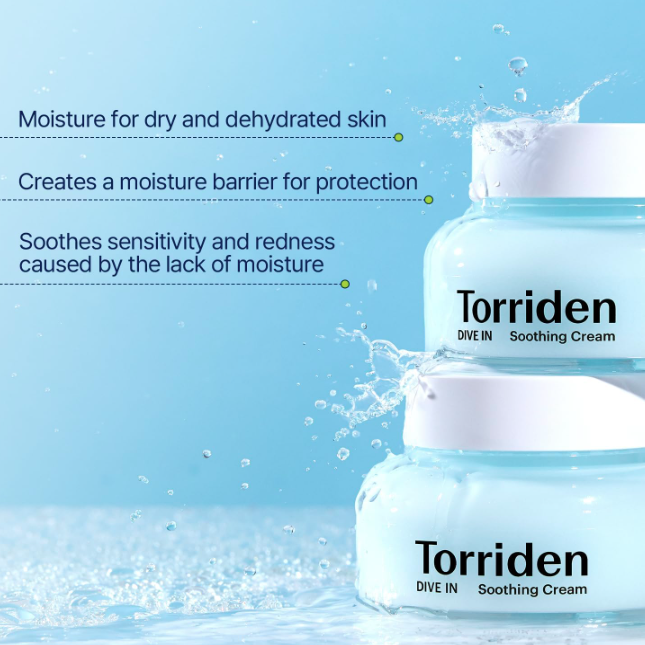 Torriden Soothing Cream jars with water droplets on a blue background