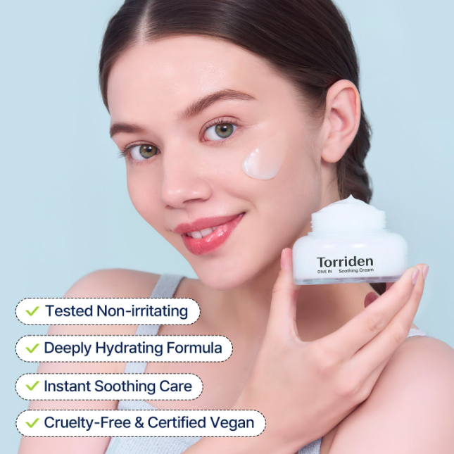 Woman holding a jar of Torriden cream with product features listed on a light blue background
