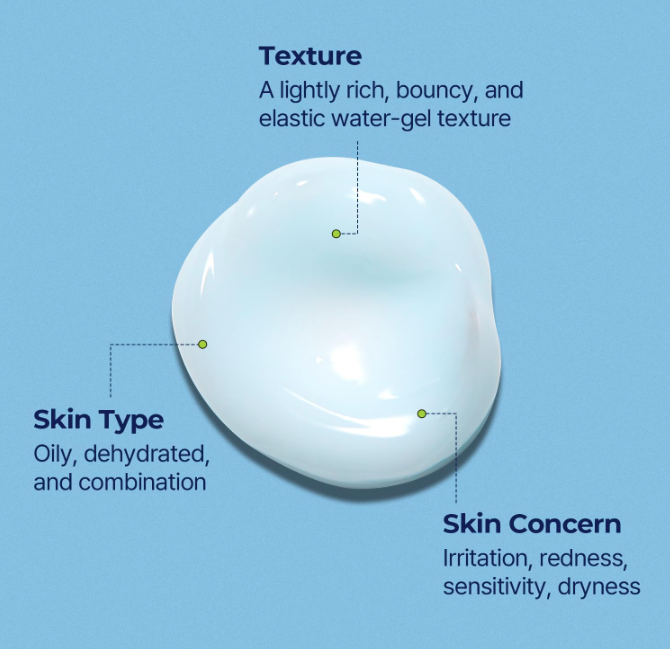 Product texture description with a close-up of a white gel-like substance on a blue background