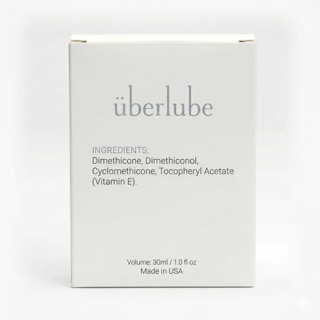 White packaging of überlube with ingredient list on a white background