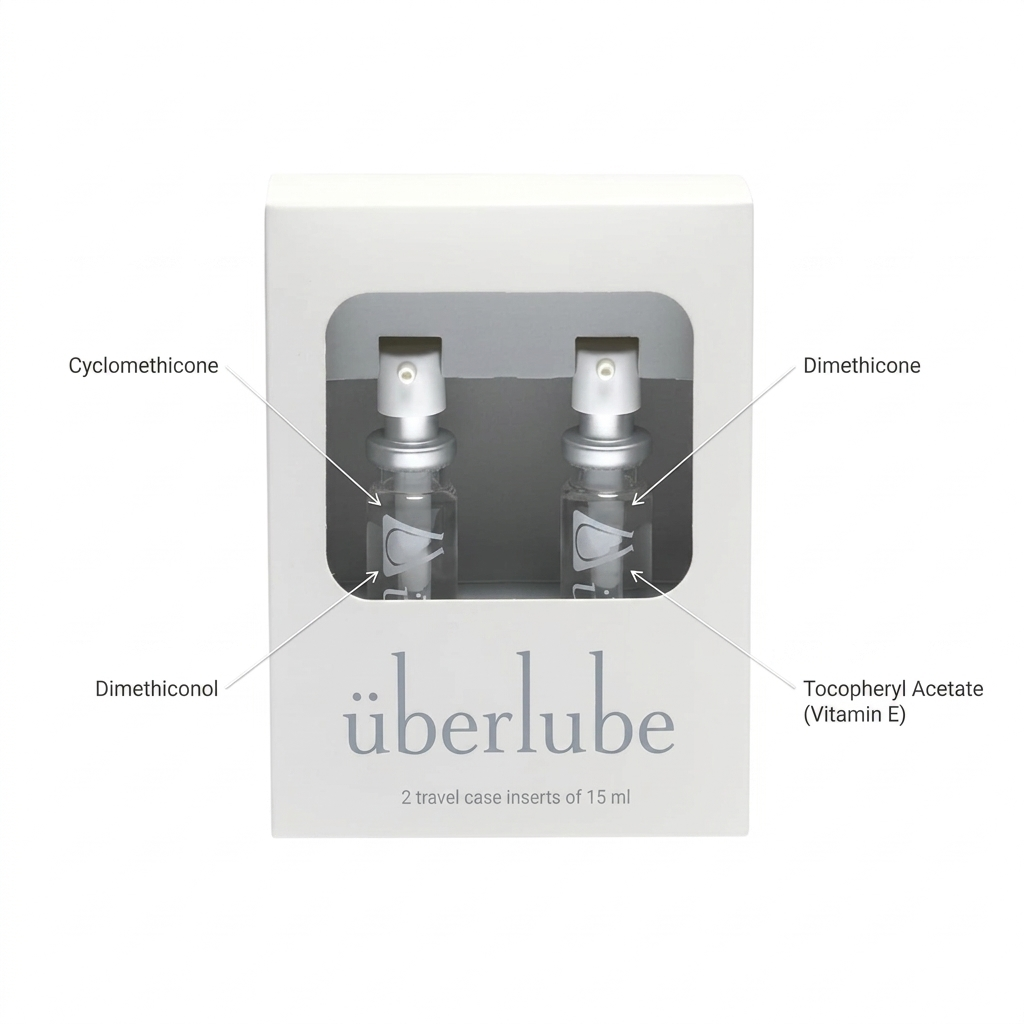 überlube packaging with two travel case inserts on a white background